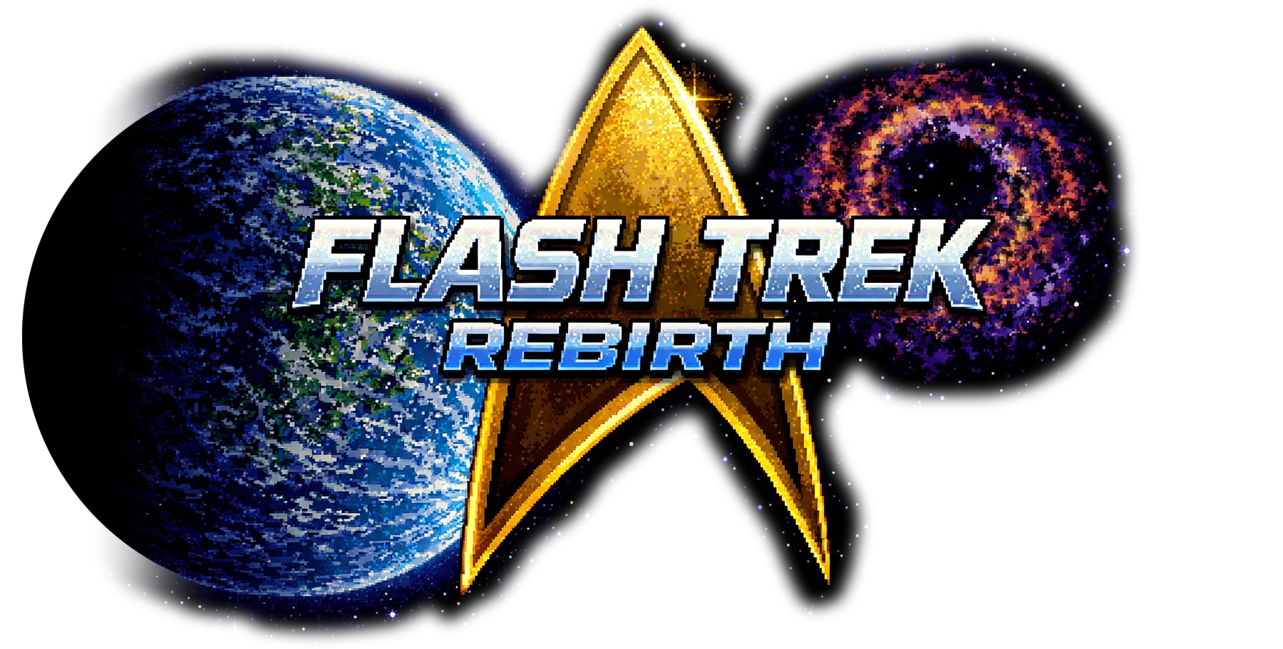 Flash Trek Rebirth title art with Earth, a Starfleet style emblem, and a wormhole in space